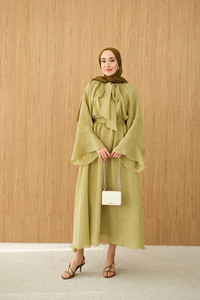 Tül Kumaş Boyun Bağlamalı Detaylı Bel Bağlamalı Elbise Yağ Yeşil
