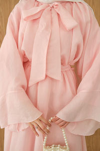 Tül Kumaş Boyun Bağlamalı Detaylı Bel Bağlamalı Elbise Pembe