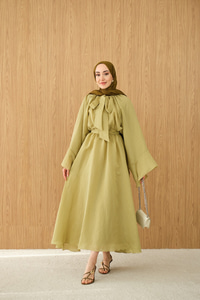 Tül Kumaş Boyun Bağlamalı Detaylı Bel Bağlamalı Elbise Yağ Yeşil