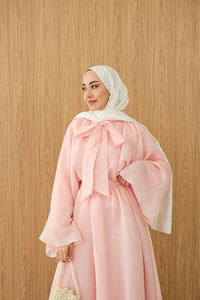 Tül Kumaş Boyun Bağlamalı Detaylı Bel Bağlamalı Elbise Pembe