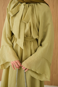 Tül Kumaş Boyun Bağlamalı Detaylı Bel Bağlamalı Elbise Yağ Yeşil