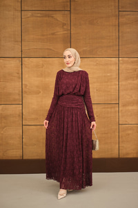 Tül Kumaş Kendinden Desenli Bel Büzgü Detay Elbise Bordo