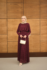 Tül Kumaş Kendinden Desenli Bel Büzgü Detay Elbise Bordo