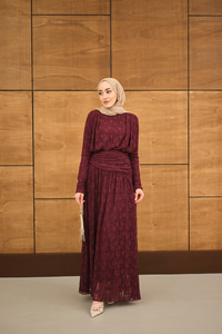 Tül Kumaş Kendinden Desenli Bel Büzgü Detay Elbise Bordo