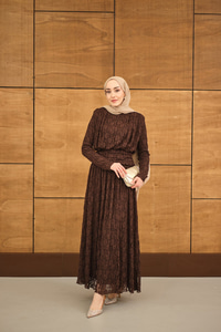 Tül Kumaş Kendinden Desenli Bel Büzgü Detay Elbise Kahverengi