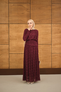 Tül Kumaş Kendinden Desenli Bel Büzgü Detay Elbise Bordo