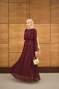 Tül Kumaş Kendinden Desenli Bel Büzgü Detay Elbise Bordo