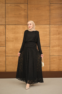 Tül Kumaş Kendinden Desenli Bel Büzgü Detay Elbise Siyah