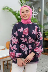 Tüllü Çiçek Desen Hırka Pembe