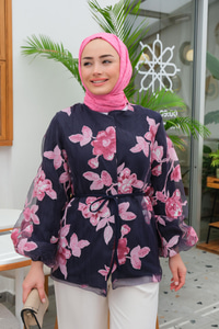 Tüllü Çiçek Desen Hırka Pembe