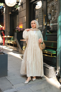 Tyess Desenli Elbise Krem