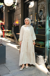 Tyess Desenli Elbise Krem