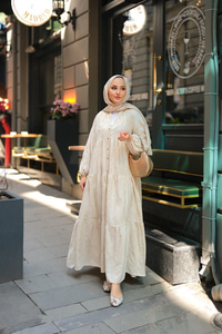 Tyess Desenli Elbise Krem