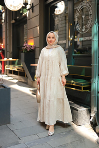 Tyess Desenli Elbise Krem