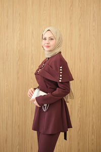 Üstü Çıkarılabilir Bolero Gold Düğme Detay Takım Bordo