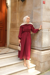 Üstü Lastikli Şifon Elbise Mürdüm