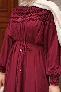 Üstü Lastikli Şifon Elbise Mürdüm