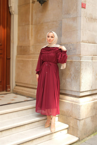 Üstü Lastikli Şifon Elbise Mürdüm