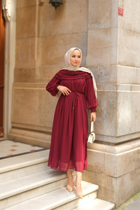 Üstü Lastikli Şifon Elbise Mürdüm