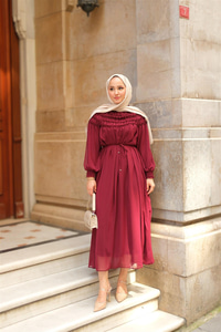 Üstü Lastikli Şifon Elbise Mürdüm