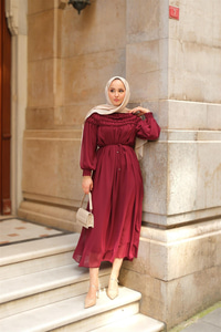 Üstü Lastikli Şifon Elbise Mürdüm