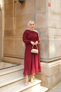 Üstü Lastikli Şifon Elbise Mürdüm