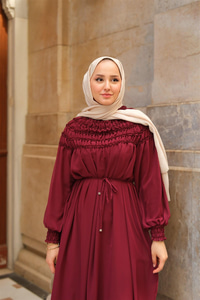 Üstü Lastikli Şifon Elbise Mürdüm