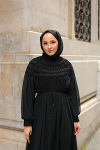 Üstü Lastikli Şifon Elbise Siyah