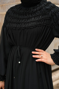 Üstü Lastikli Şifon Elbise Siyah