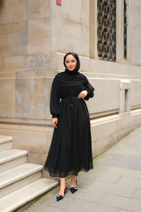 Üstü Lastikli Şifon Elbise Siyah