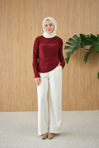 Uzun Kollu Büzgü Detay Bluz Bordo