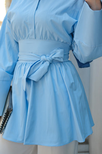 Uzun Kuşaklı Gömlek Bebe Mavi