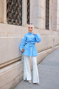 Uzun Kuşaklı Gömlek Mavi