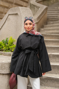 Uzun Kuşaklı Gömlek Siyah