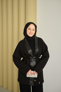 V Detay Deri Yaka Taşlı Ceket Siyah