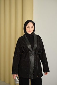 V Detay Deri Yaka Taşlı Ceket Siyah