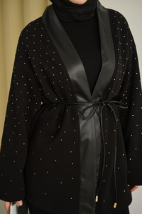 V Detay Deri Yaka Taşlı Ceket Siyah