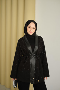 V Detay Deri Yaka Taşlı Ceket Siyah