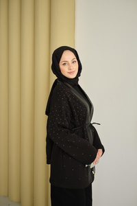 V Detay Deri Yaka Taşlı Ceket Siyah