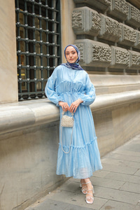 V Detay Tül Elbise Bebe Mavi