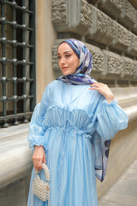 V Detay Tül Elbise Bebe Mavi