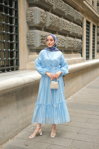 V Detay Tül Elbise Bebe Mavi