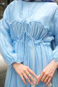 V Detay Tül Elbise Bebe Mavi