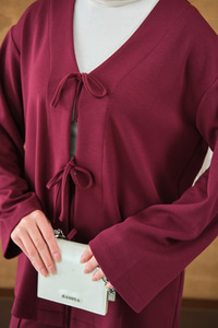 V Yaka Bağcıklı Regular Viskon Kimono Takım Mürdüm