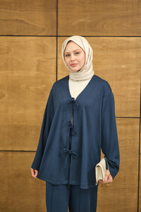 V Yaka Bağcıklı Regular Viskon Kimono Takım İndigo Mavi