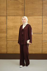 V Yaka Bağcıklı Regular Viskon Kimono Takım Bordo