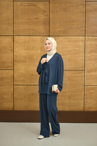 V Yaka Bağcıklı Regular Viskon Kimono Takım İndigo Mavi
