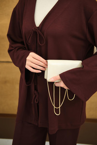 V Yaka Bağcıklı Regular Viskon Kimono Takım Bordo