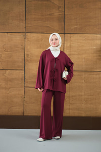 V Yaka Bağcıklı Regular Viskon Kimono Takım Mürdüm