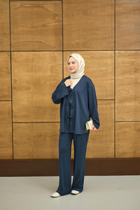 V Yaka Bağcıklı Regular Viskon Kimono Takım İndigo Mavi